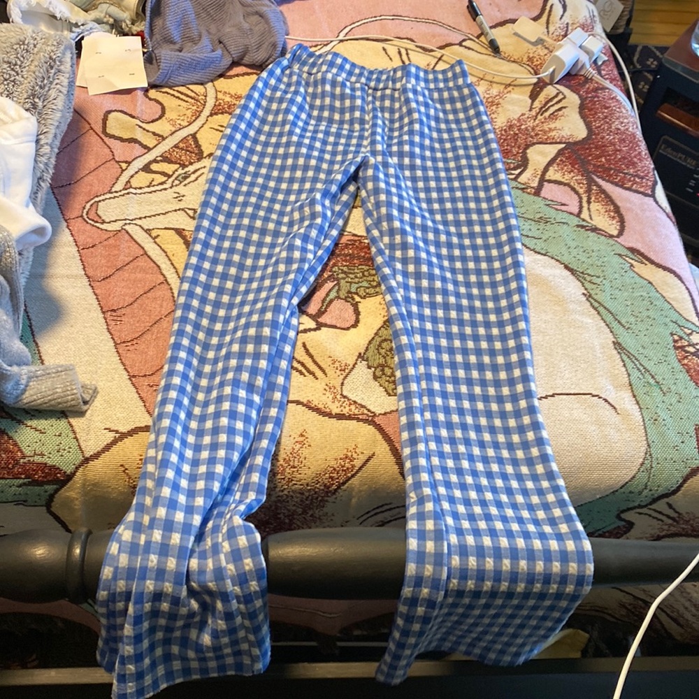 blue plaid flare pants